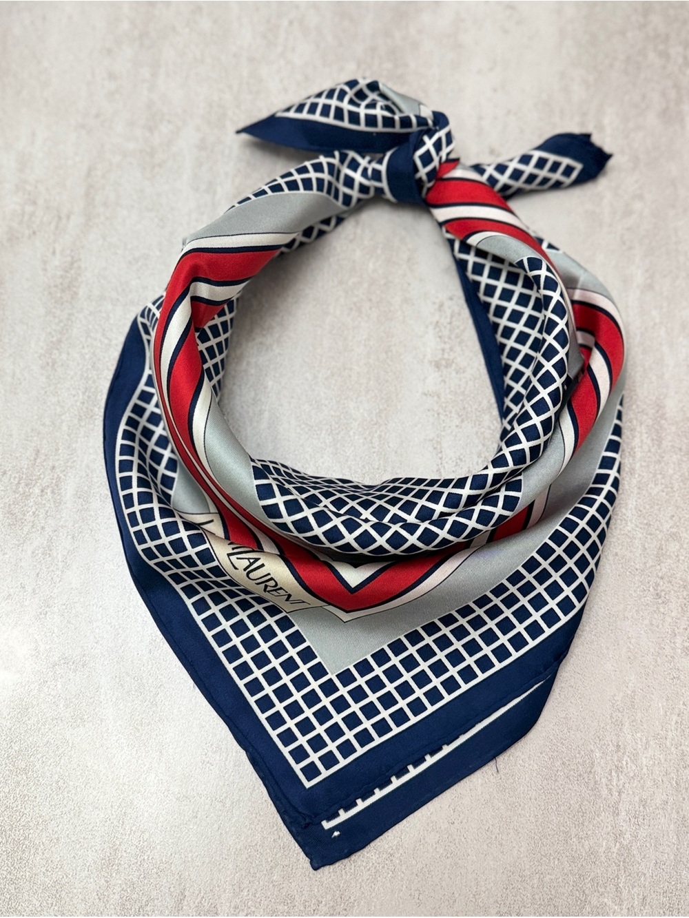 Yves Saint Laurent Navy, Red & Silver Geometric Silk Scarf